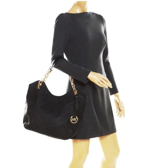 Michael Kors Soft Calf Leather Lillie Chain Tote Black Gold Hardware - Picture 1 of 11